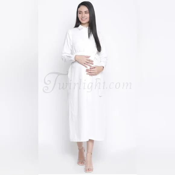 Bianca: Long White Cotton Maternity Dress - Picture 4 of 4